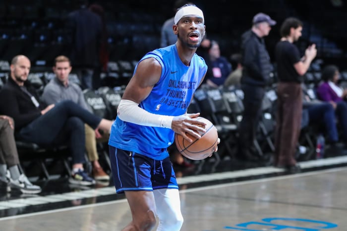 Jan 5, 2024; Brooklyn, New York, USA; Oklahoma City Thunder guard Shai Gilgeous-Alexander (2) warms up prior to the game against the Brooklyn Nets at Barclays Center.